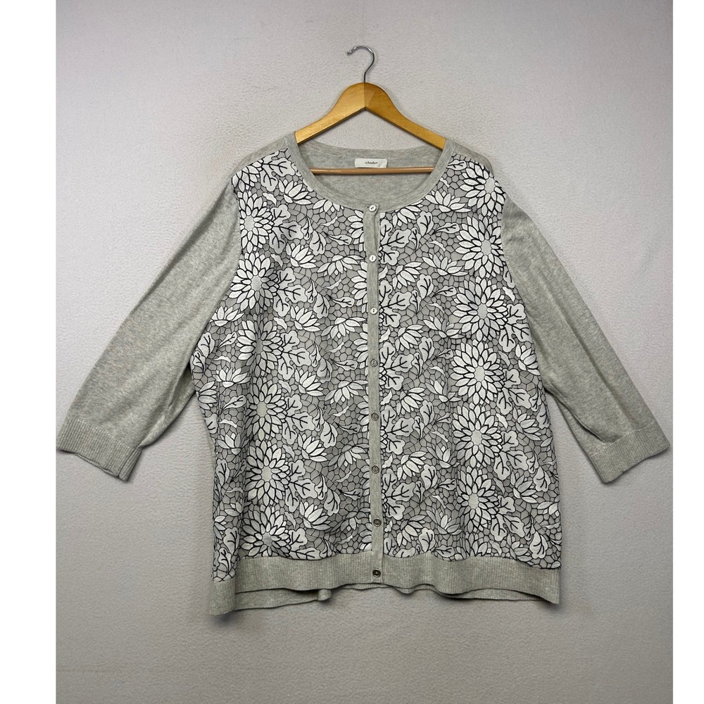 Cottagecore Classic cj banks Women 3X Gray Floral Lace Front Button Cardigan